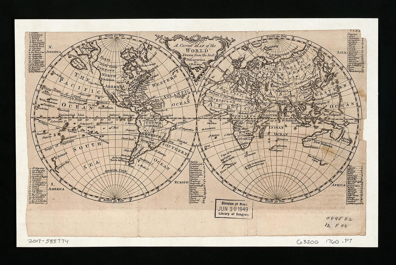 This old map of A Correct Map of the World Drawn from the Best Discoveries from 1760 was created by J. Prockter in 1760