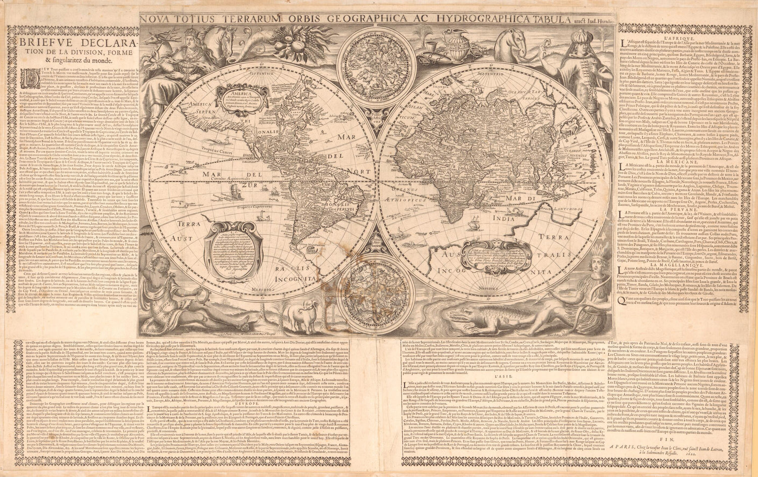 This old map of Nova Totius Terrarum Orbis Geographica Ac Hydrographica Tabula (Briefve Declaration De La Division, Forme &amp; Singularitez Du Monde) from 1636 was created by Jodocus Hondius, Jean Le Clerc, Henri Le Roy, Michel Van Lochom in 1636