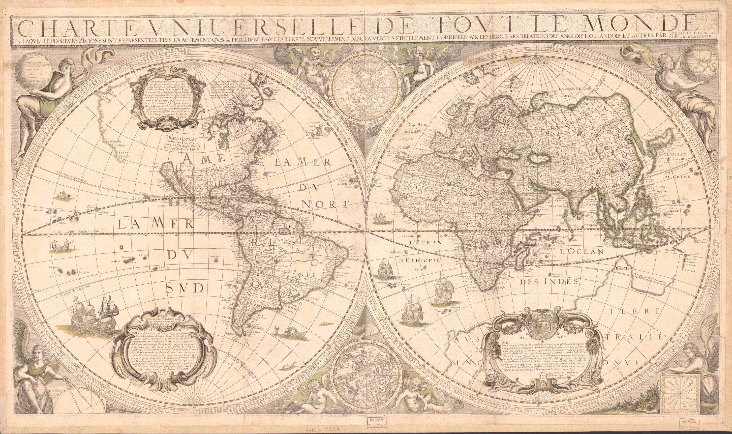 This old map of Charte Vniuerselle De Tovt Le Monde : En Laqvelle Plvsievrs Regions Representees Plvs Exactement Qvavx Precedentes &amp; Les Terres Novvellement Descovvertes Fidellement Corrigees Svr Les Dernieres Relations Des Anglois, Hollandois Et Avtres 