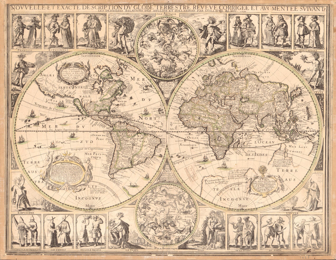 This old map of Novvelle Et Exacte Description Dv Globe Terrestre (Nouvelle Et Exacte Description Du Globe Terrestre) from 1645 was created by Willem Janszoon Blaeu, Antoine De Fer, Claes Jansz Visscher in 1645