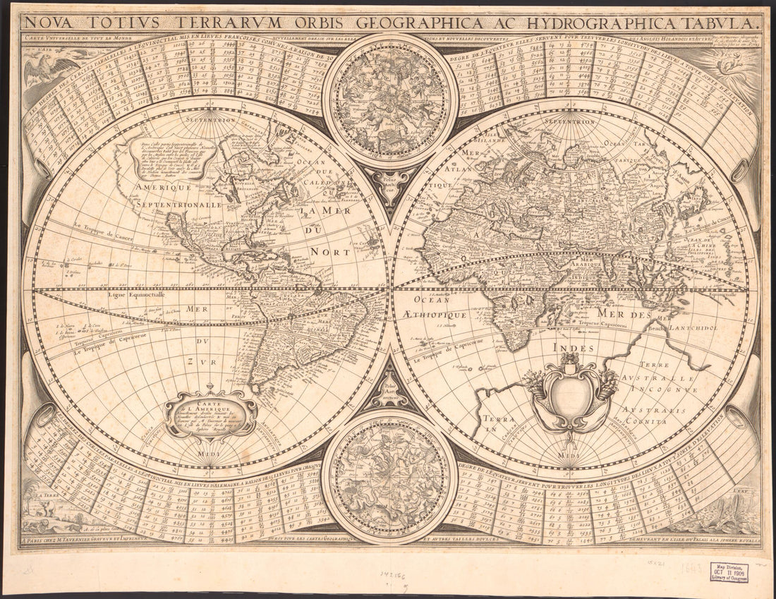 This old map of Nova Totivs Terrarvm Orbis Geographica Ac Hydrographica Tabvla : Carta Vniverselle De Tovt Le Monde (Nova Totius Terrarum Orbis Geographica Ac Hydrographica Tabula) from 1643 was created by Melchior Tavernier in 1643