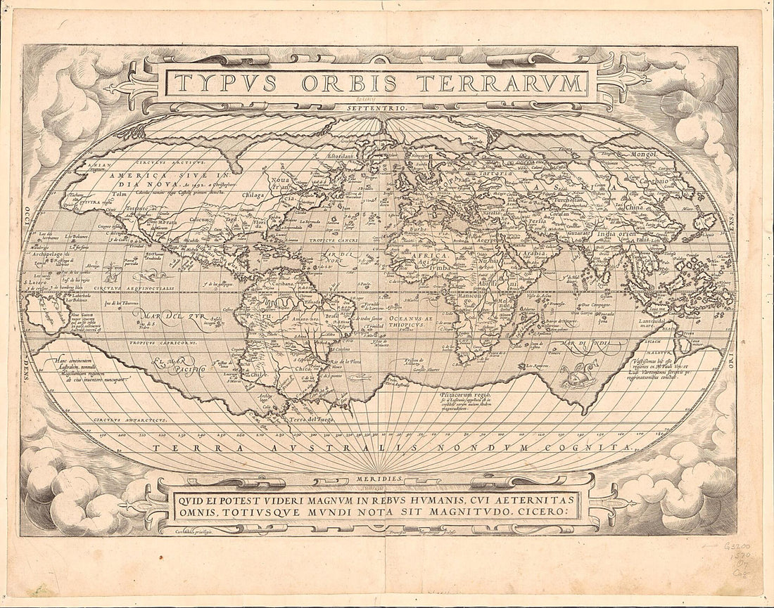 This old map of Typvs Orbis Terrarvm (Typus Orbis Terrarum) from 1579 was created by Frans Hogenberg, Abraham Ortelius in 1579
