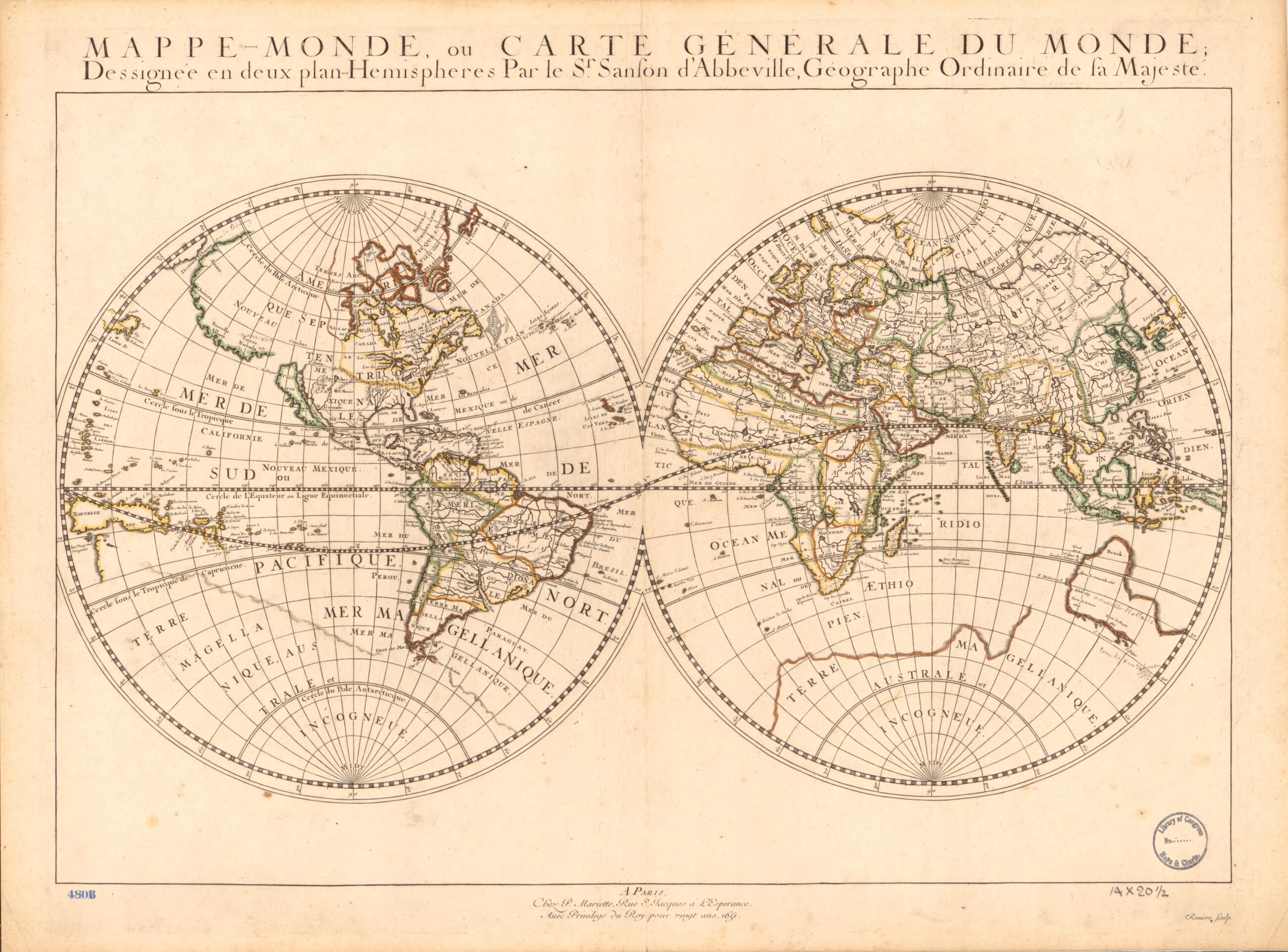 This old map of Monde, Ou Carte Générale Du Monde : Dessignée En Deux Plan-hemispheres from 1651 was created by Pierre Mariette,  Rivière, Nicolas Sanson in 1651