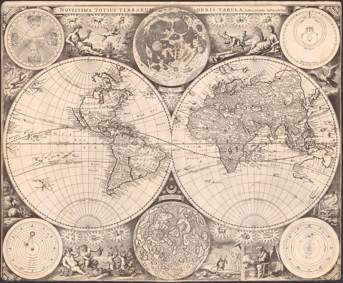 This old map of Novissima Totius Terrarum Orbis Tabula from 1675 was created by John Seller in 1675