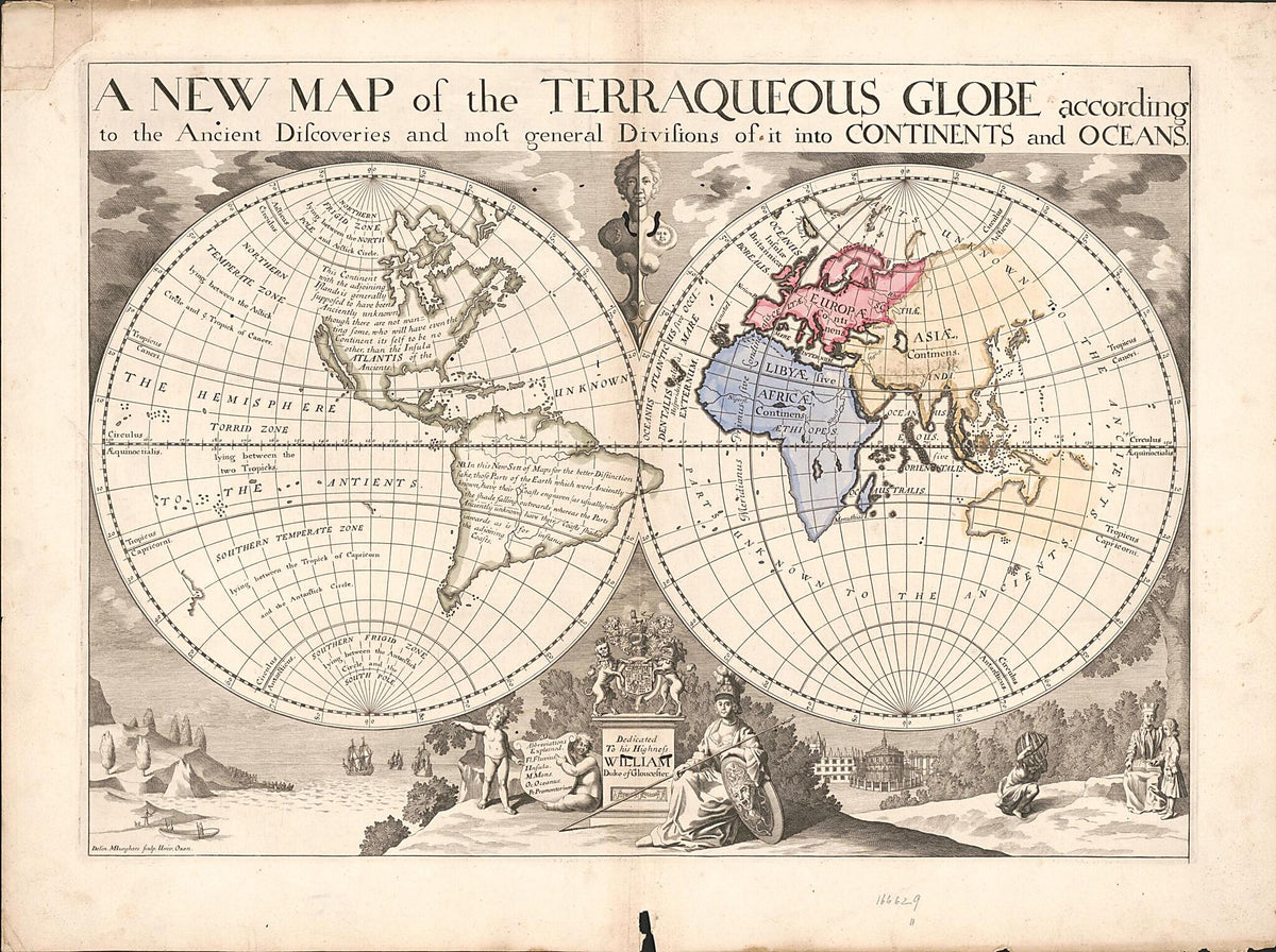 A New Map of the Terraqueous Globe According to the Ancient Discoveries and Most General Divisions of It Into Continents and Oceans 1700 by Relic Map Company