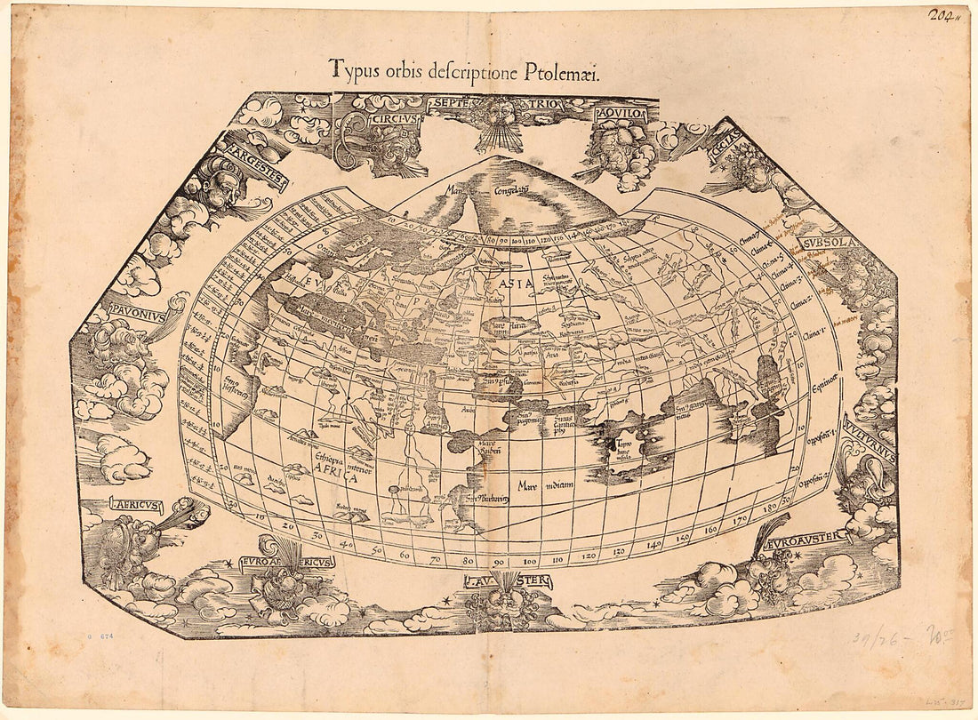 This old map of Typus Orbis Descriptione Ptolemaei from 1541 was created by Lorenz Fries,  Ptolemy, Gaspard Trechsel in 1541