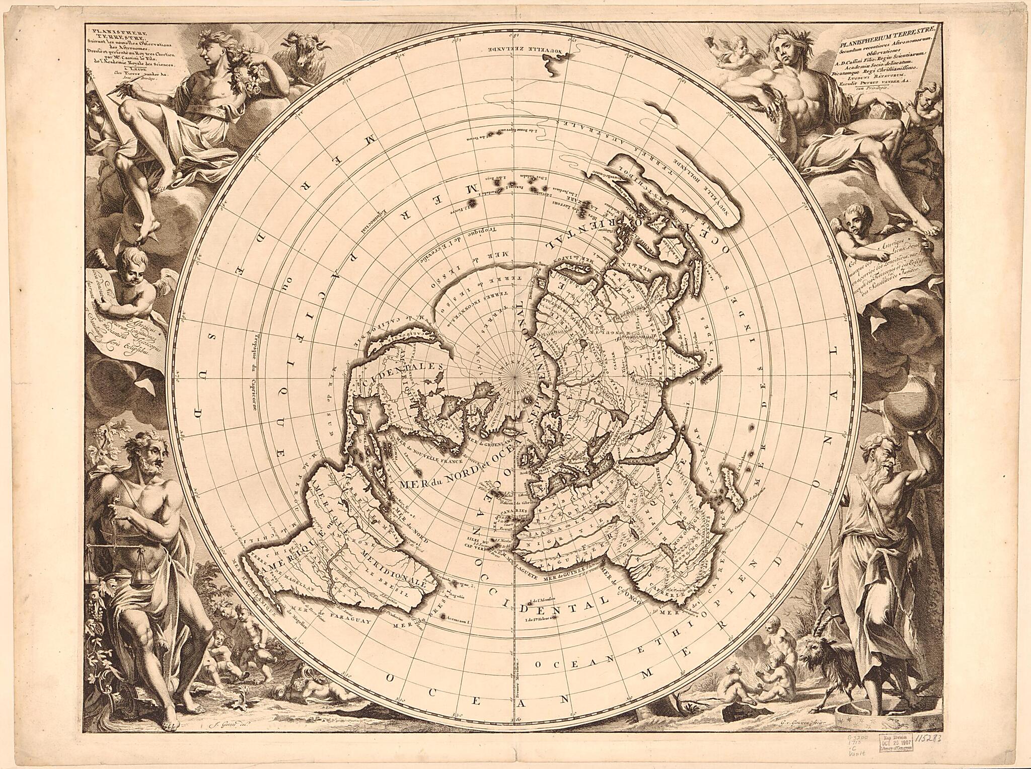 This old map of Planisphere Terrestre, Suivant Les Nouvelles Observations Des Astronomes (Planispherium Terrestre Secundum Recentiores Astronomorum Observationes) from 1713 was created by Pieter Van Der Aa, Jacques Cassini,  Cóvens Et Mortier, Jan Goere