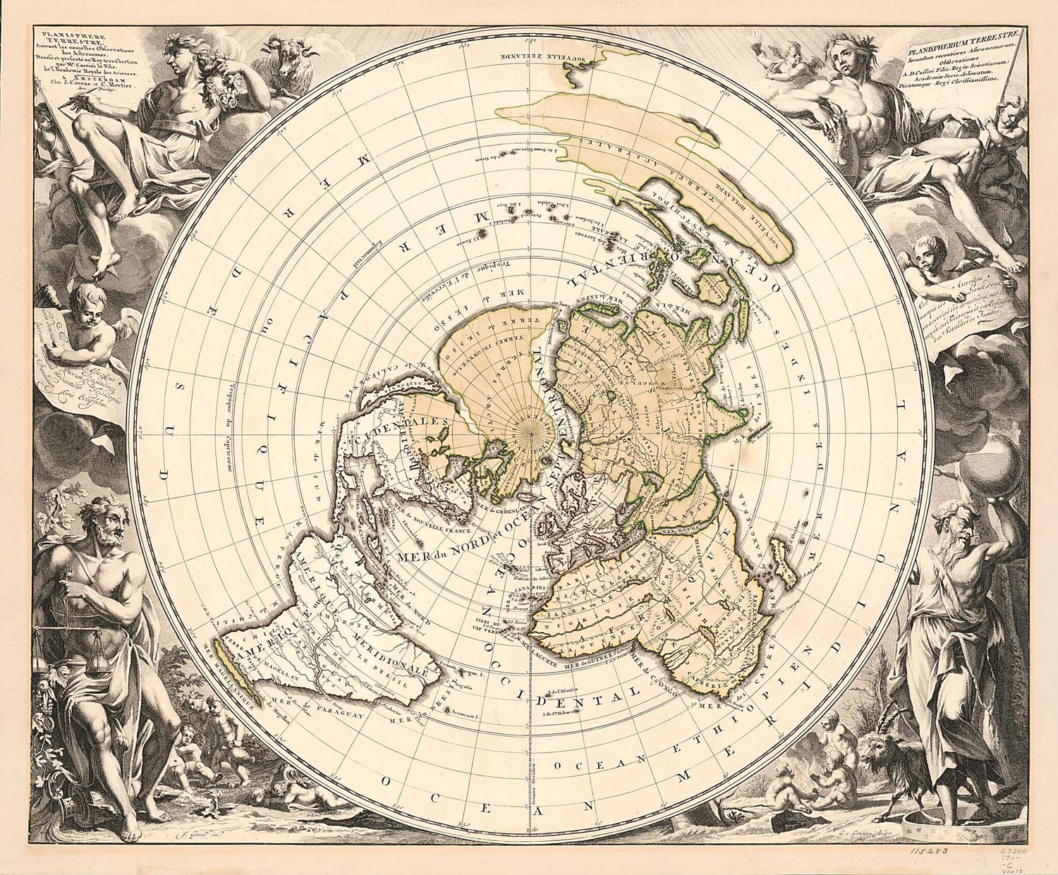 This old map of Planisphere Terrestre, Suivant Les Nouvelles Observations Des Astronomes (Planispherium Terrestre Secundum Recentiores Astronomorum Observationes) from 1721 was created by Jacques Cassini,  Cóvens Et Mortier, Jan Goeree, Gilliam Van Der 