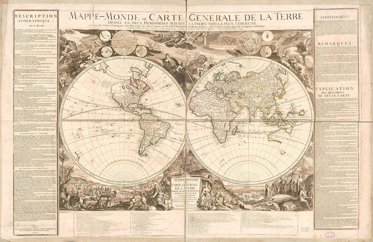 Monde, Ou Carte Générale De La Terre : Divisée En Deux Hémisphéres Suivant La Projéction La Plus Commune Ou Tous Les Points Principaux Sont Placez Sur Les Observations De Mesrs. De L&