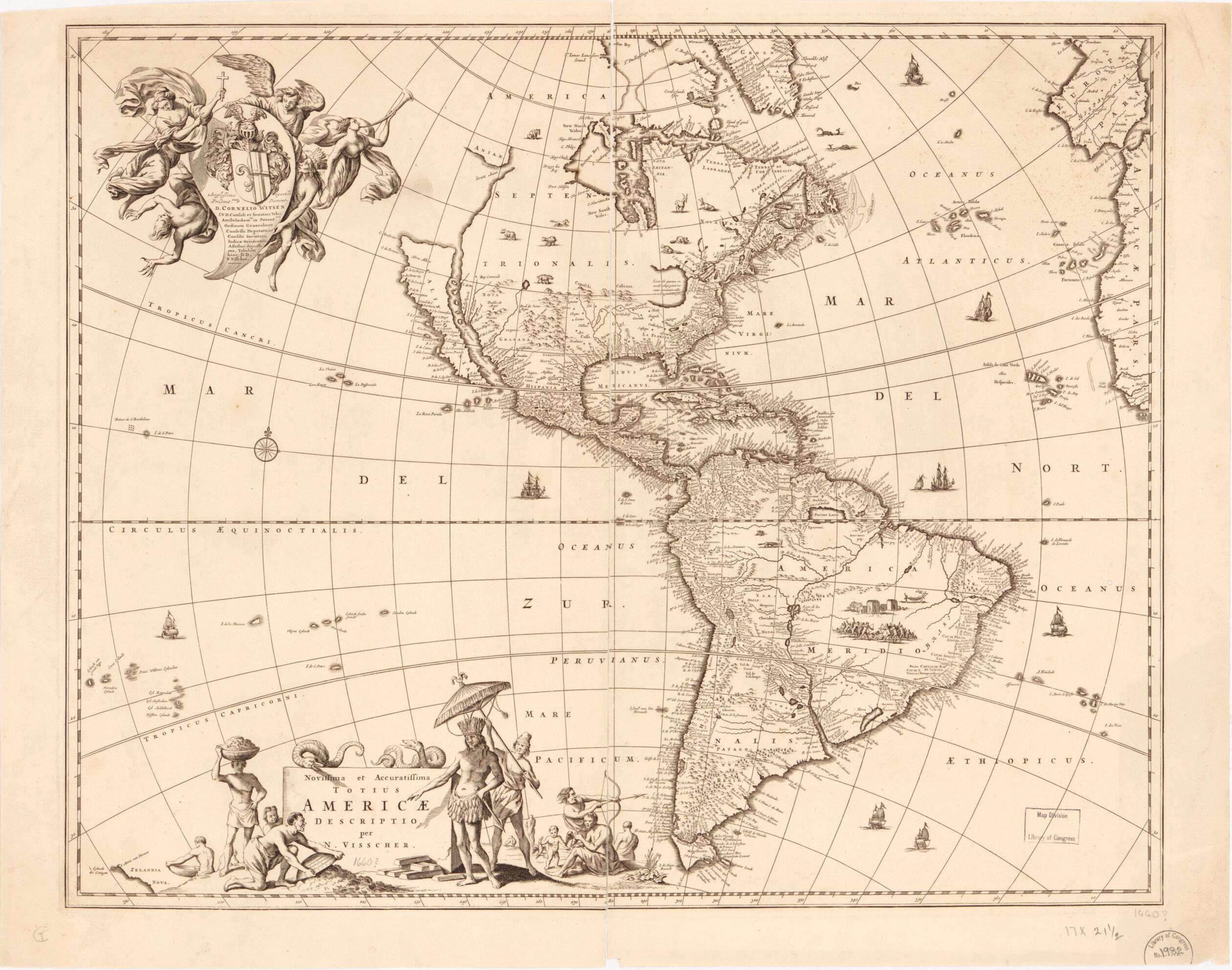 This old map of Novissima Et Accuratissima Totius Americae Descriptio from 1660 was created by Nicolaes Visscher in 1660