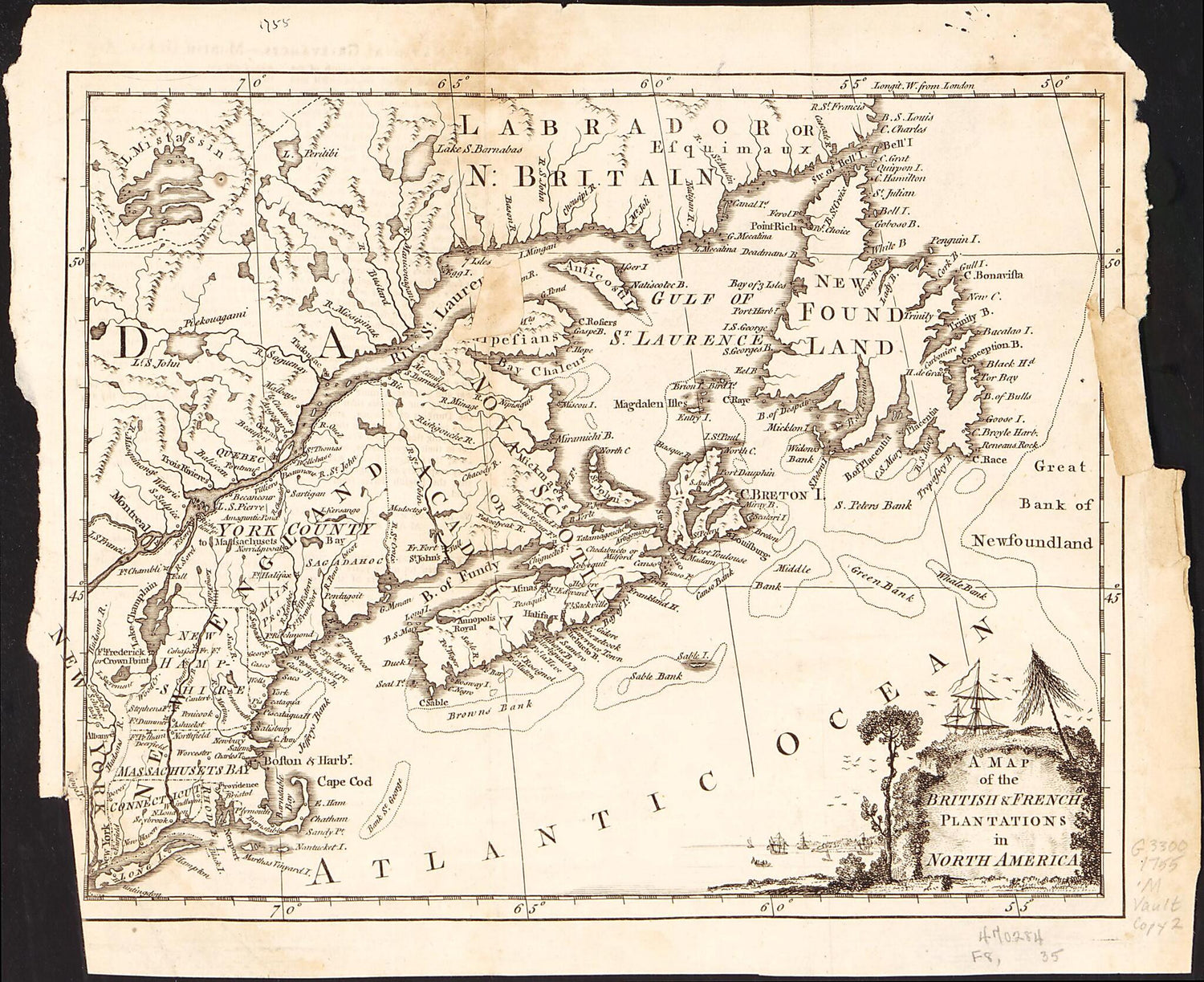 This old map of A Map of the British &amp; French Plantations In North America. (Map of the British and French Plantations In North America) from 1755 was created by  in 1755