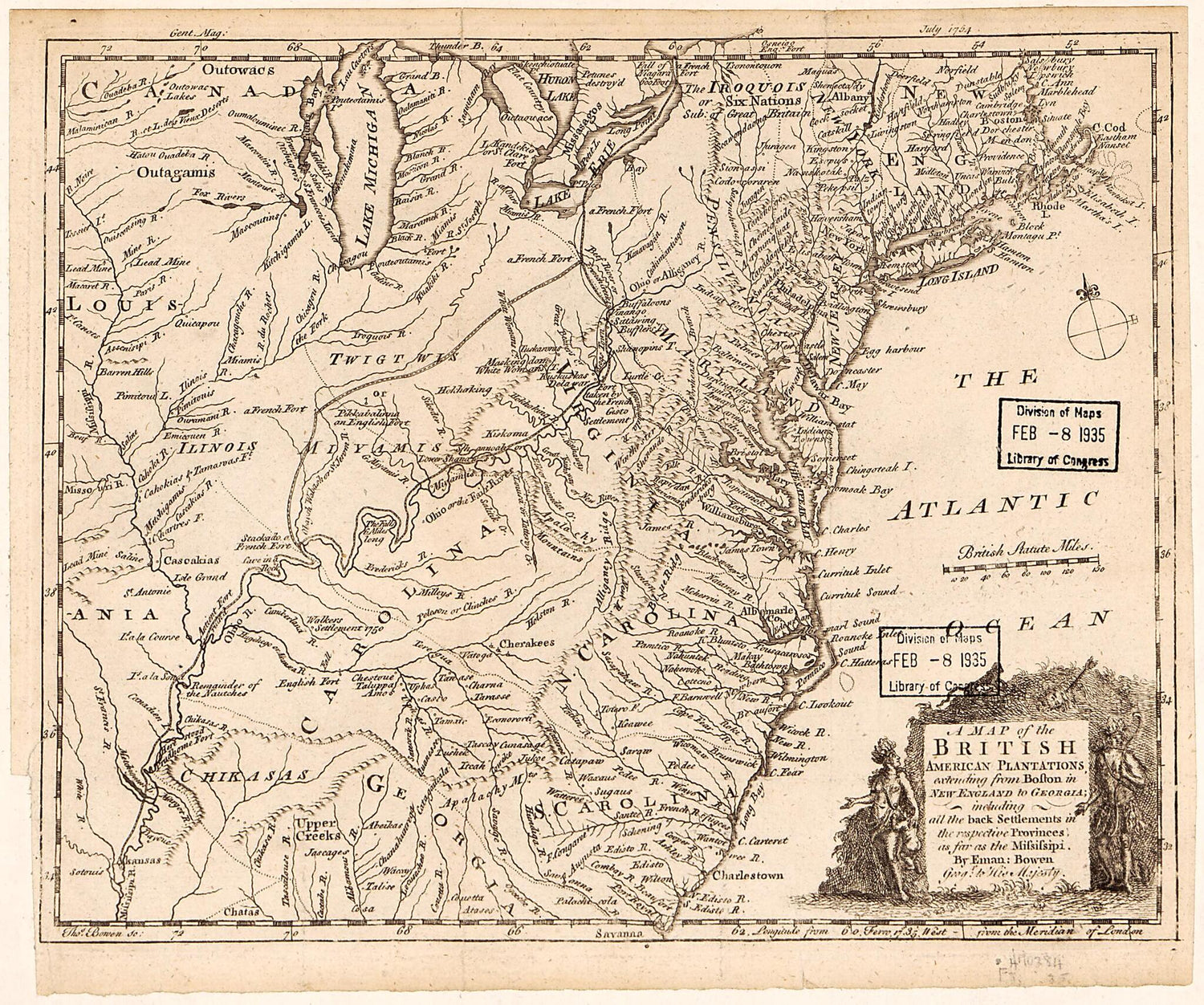 This old map of A Map of the British American Plantations, Extending from Boston In New England to Georgia : Including All the Back Settlements In the Respective Provinces As Far As the Mississipi (Map of the British and French Plantations In North Ameri