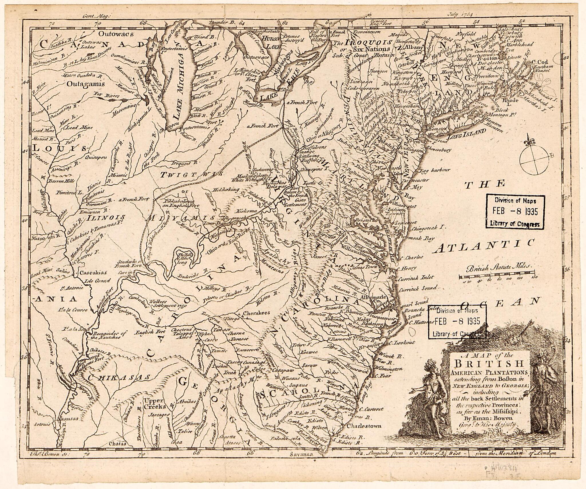 This old map of A Map of the British American Plantations, Extending from Boston In New England to Georgia : Including All the Back Settlements In the Respective Provinces As Far As the Mississipi (Map of the British and French Plantations In North Ameri