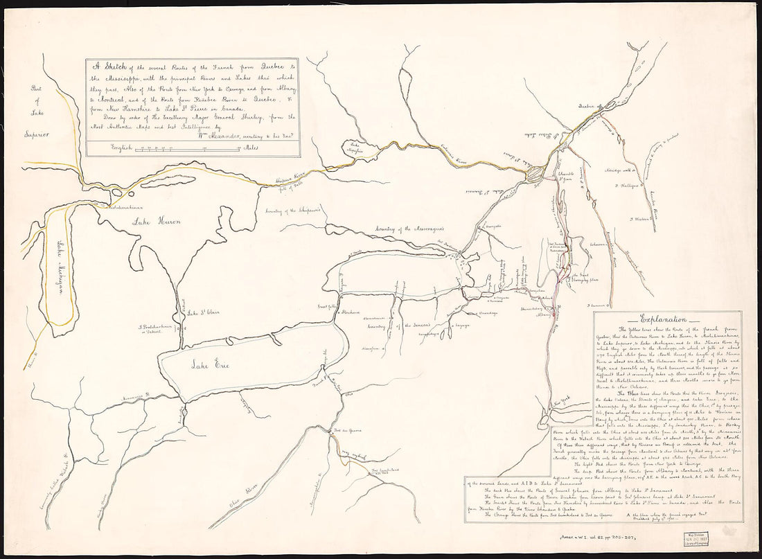 This old map of A Sketch of the Several Routes of the French from Quebec to the Missisippi, With the Principal Rivers and Lakes Thró Which They Pass : Also of the Route from New York to Oswego, and from Albany to Montreal, and of the Route from Kenēbec