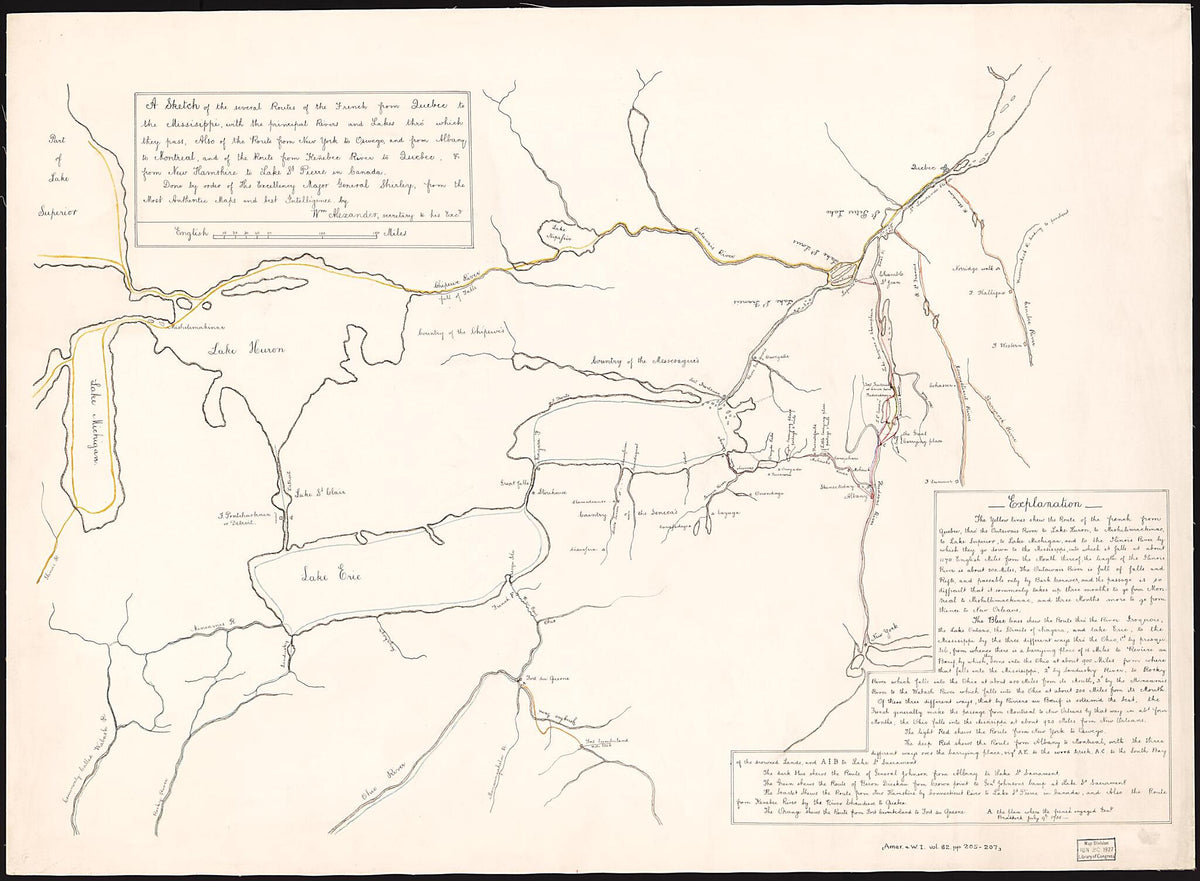 A Sketch of the Several Routes of the French from Quebec to the Missisippi, With the Principal Rivers and Lakes Thró Which They Pass : Also of the Route from New York to Oswego, and from Albany to Montreal, and of the Route from Kenēbec River to Que... by Relic Map Company