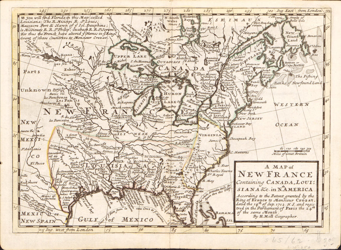 This old map of A Map of New France Containing Canada, Louisiana &amp;c. In Nth. America : According to the Patent Granted by the King of France to Monsieur Crozat, Dated the 14th of Sep. from 1712 N.S. and Registered In the Parliament of Paris the 24th of the Same Month was created by Herman Moll in 1712