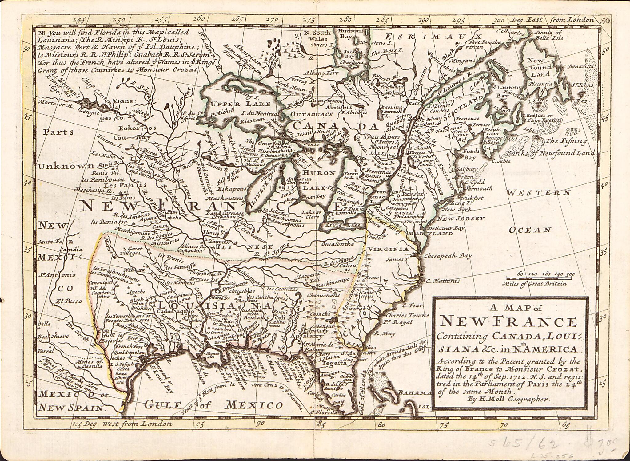 This old map of A Map of New France Containing Canada, Louisiana &amp;c. In Nth. America : According to the Patent Granted by the King of France to Monsieur Crozat, Dated the 14th of Sep. from 1712 N.S. and Registered In the Parliament of Paris the 24th of t