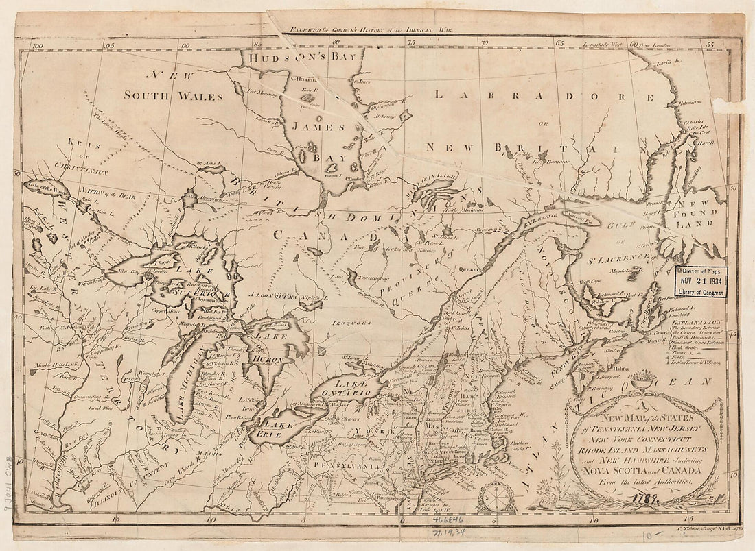 This old map of A New Map of the States of Pensylvania, New Jersey, New York, Connecticut, Rhode Island, Massachusetts and New Hampshire, Including Nova Scotia and Canada from the Latest Authorities from 1789 was created by William Gordon, Cornelius Tieb