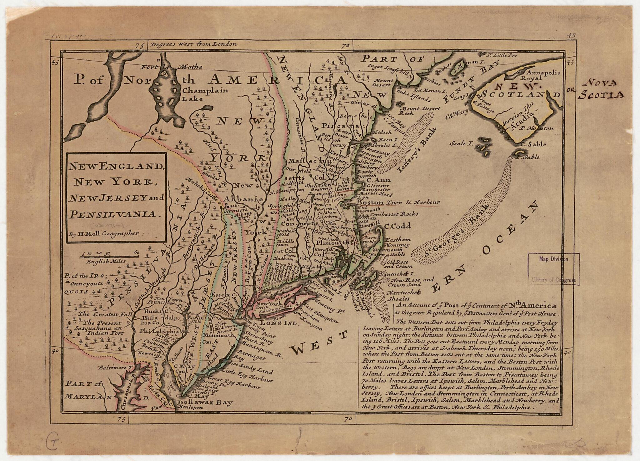 This old map of New England, New York, New Jersey and Pensilvania from 1736 was created by Herman Moll in 1736