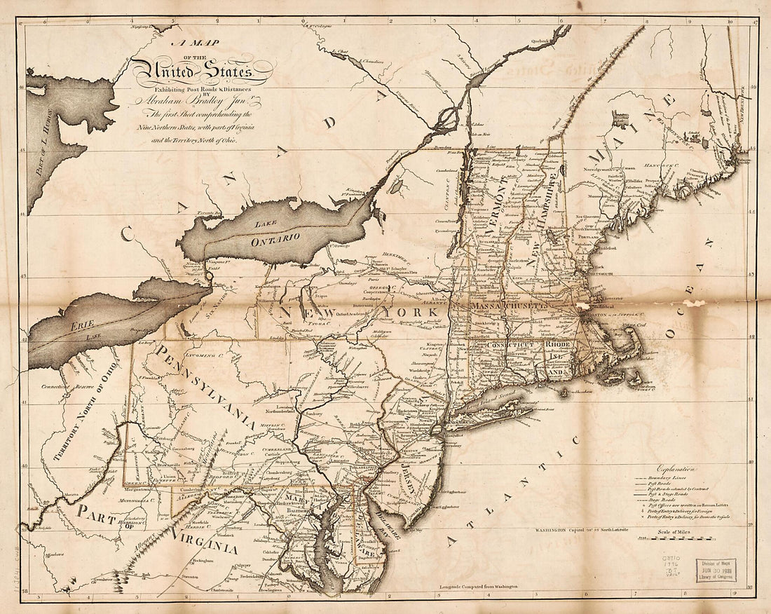 This old map of Map of the United States, Exhibiting Post Roads & Distances : the First Sheet Comprehending the Nine Northern States, With Parts of Virginia and the Territory North of Ohio from 1796 was created by Abraham Bradley in 1796