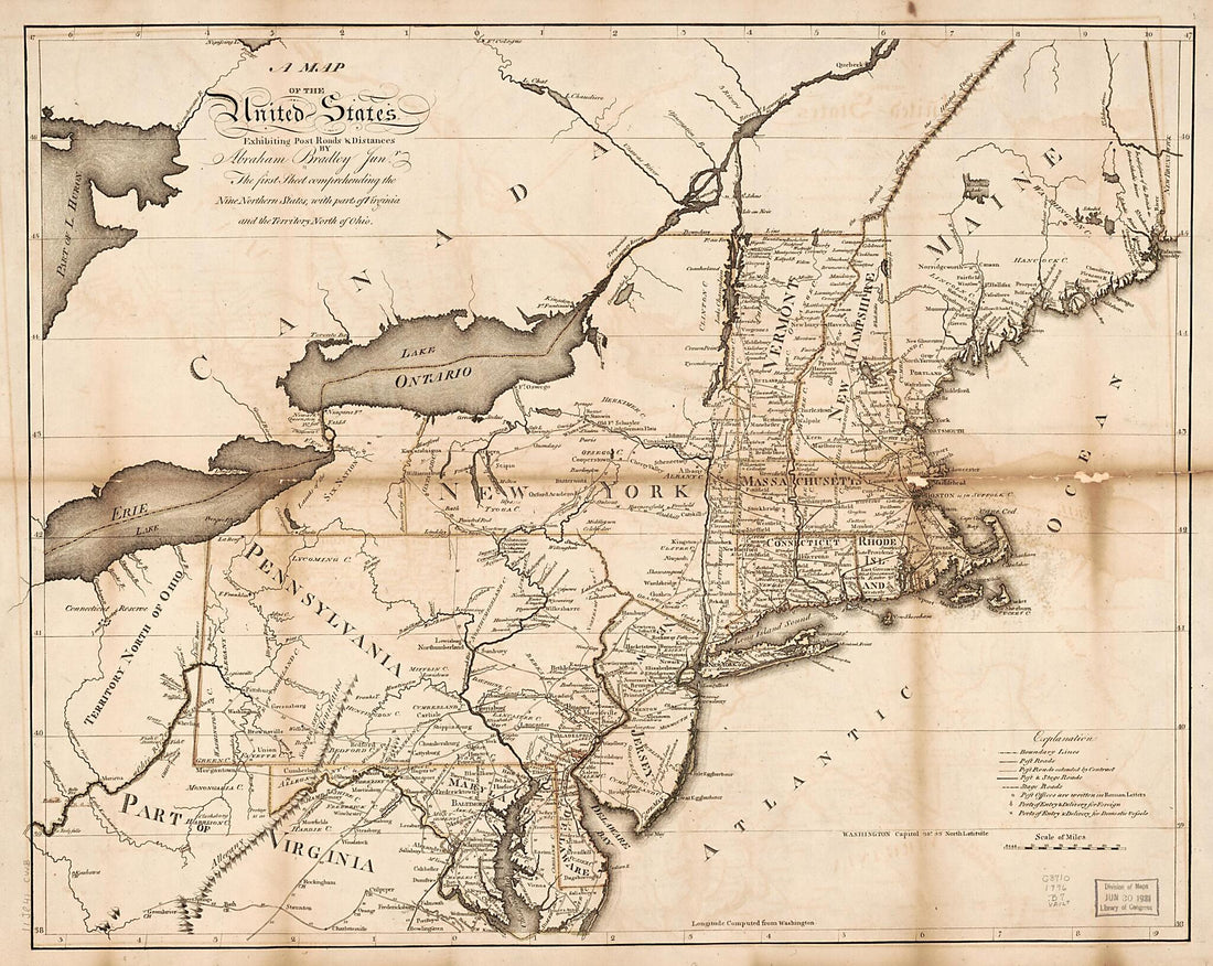 This old map of Map of the United States, Exhibiting Post Roads &amp; Distances : the First Sheet Comprehending the Nine Northern States, With Parts of Virginia and the Territory North of Ohio from 1796 was created by Abraham Bradley in 1796
