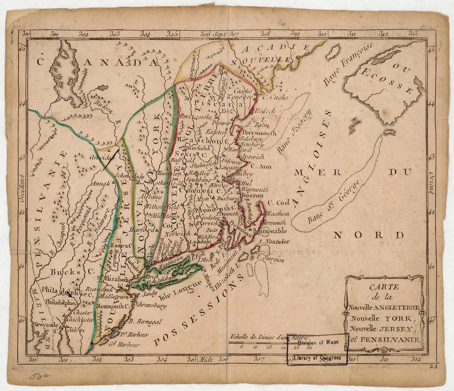 This old map of Carte De La Nouvelle Angleterre, Nouvelle York, Nouveau Jersey, Et Pensilvanie from 1780 was created by Joseph De Laporte in 1780