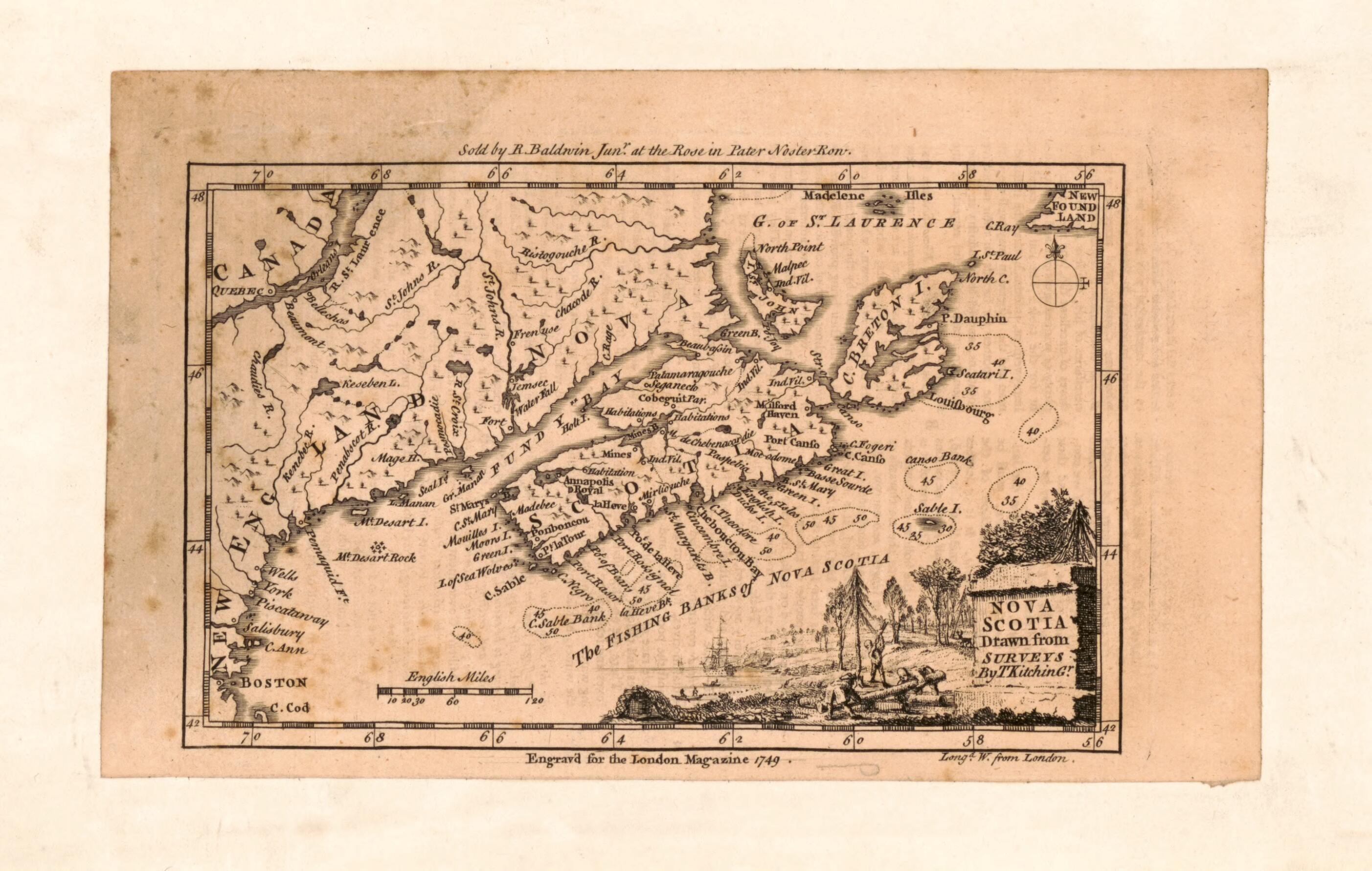 This old map of Nova Scotia from 1749 was created by Thomas Kitchin in 1749