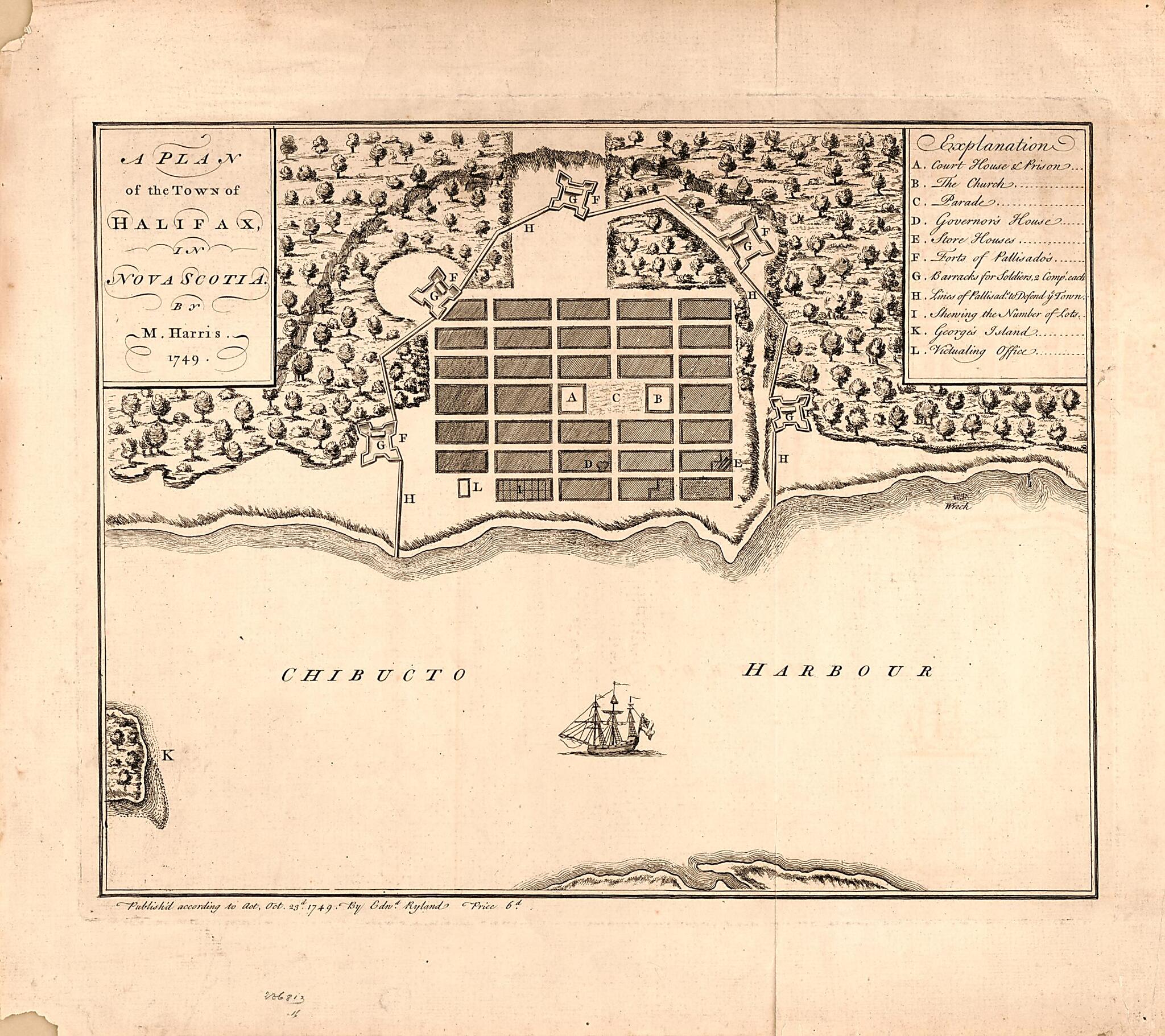 This old map of A Plan of the Town of Halifax In Nova Scotia from 1749 was created by Moses Harris in 1749