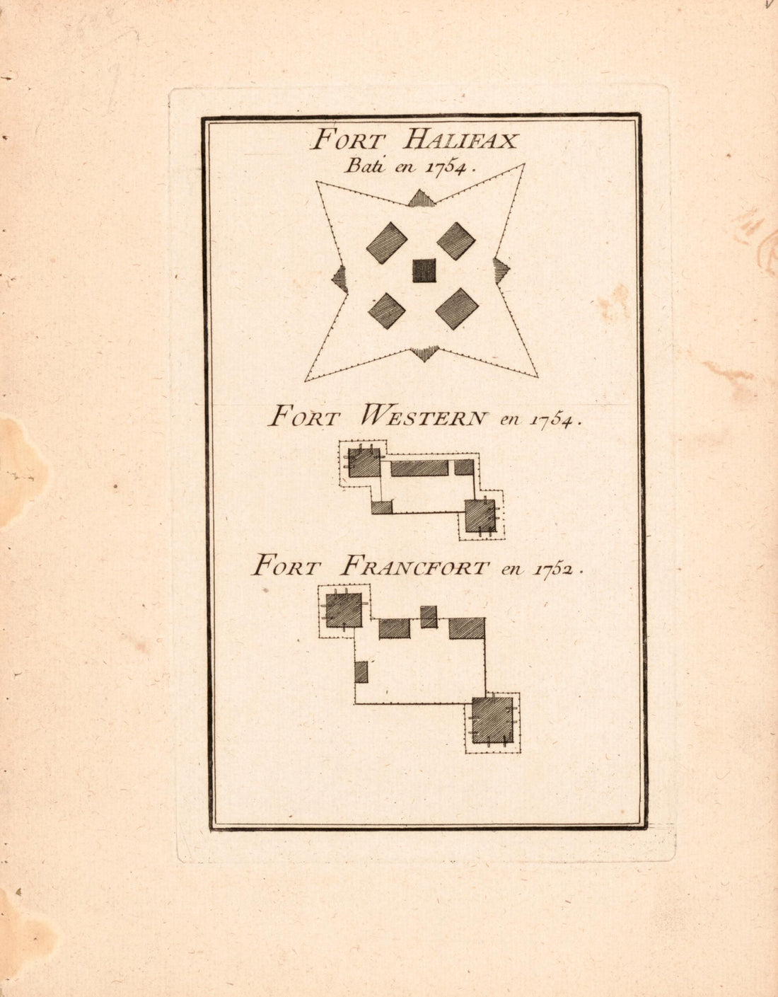 This old map of Plans of Fort Halifax In Nova Scotia and Fort Western and Fort Francfort In Maine from 1755 was created by  Louis in 1755
