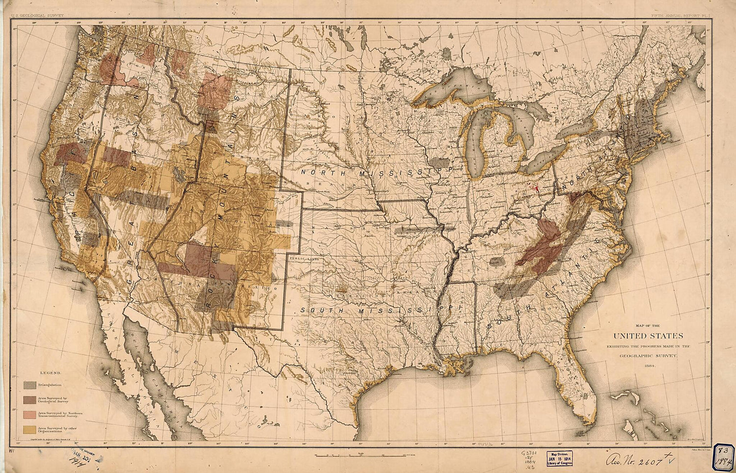 This old map of Map of the United States Showing Progress In Preparation and Engraving of Topographic Maps from 1884 was created by Henry Gannett,  Geological Survey (U.S.) in 1884