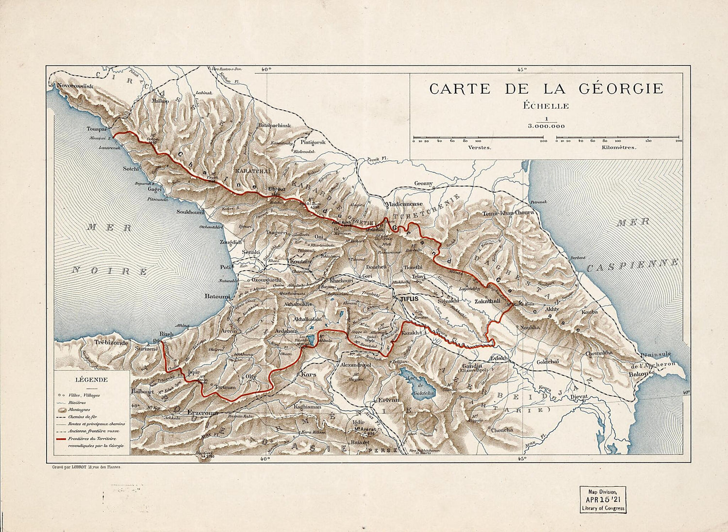 This old map of Carte De La Géorgie : échelle 1:3.000.000 from 1920 was created by  Lobrot in 1920