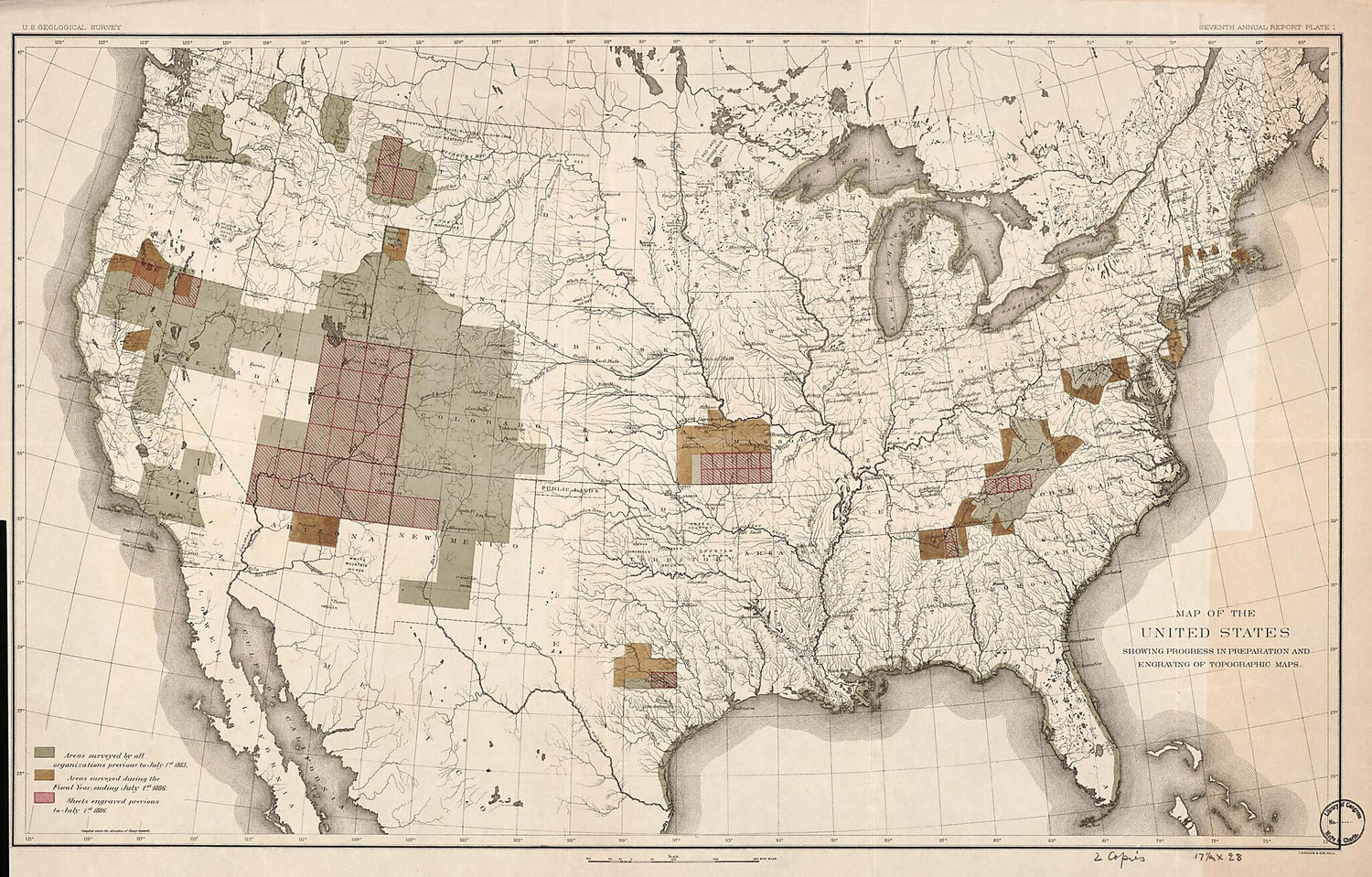 This old map of Map of the United States Showing Progress In Preparation and Engraving of Topographic Maps from 1886 was created by Henry Gannett,  Geological Survey (U.S.) in 1886