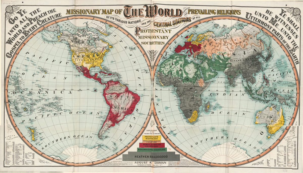 Missionary Map of the World Showing Prevailing Religions of Its Various Nations and the Central Stations of All Protestant Missionary Societies 1902 by Relic Map Company