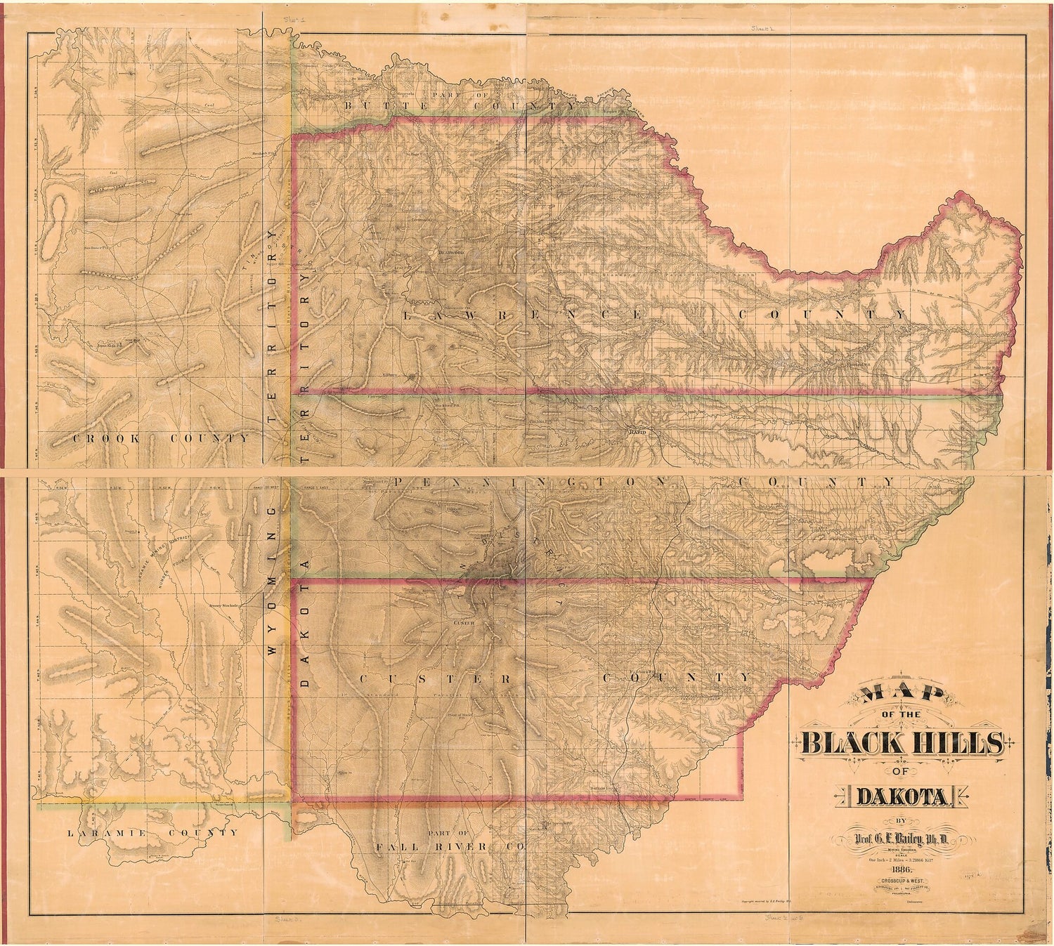 This old map of Map of the Black Hills of Dakota from 1886 was created by Gilbert Ellis Bailey,  Crosscup &amp; West in 1886