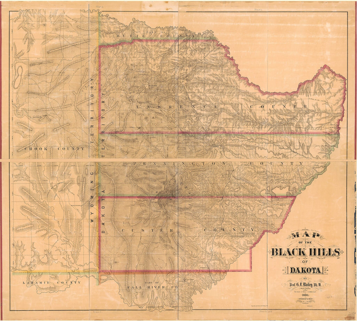 Map of the Black Hills of Dakota in 1886 by Relic Map Company