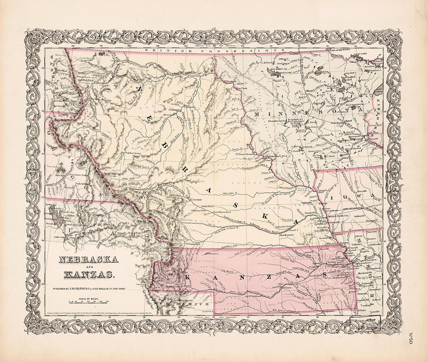 This old map of Nebraska and Kanzas (Nebraska and Kansas) from 1855 was created by  J.H. Colton &amp; Co in 1855
