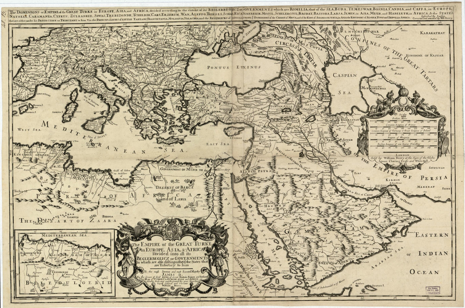 This old map of The Empire of the Great Turke In Europe, Asia, &amp; Africa : Divided Into All Its Beglerbeglicz Or Governments In Which Are Also Distinguished the States That Are Tributary to Him (Dominions Or Empire of the Great Turke In Europe, Asia, and 