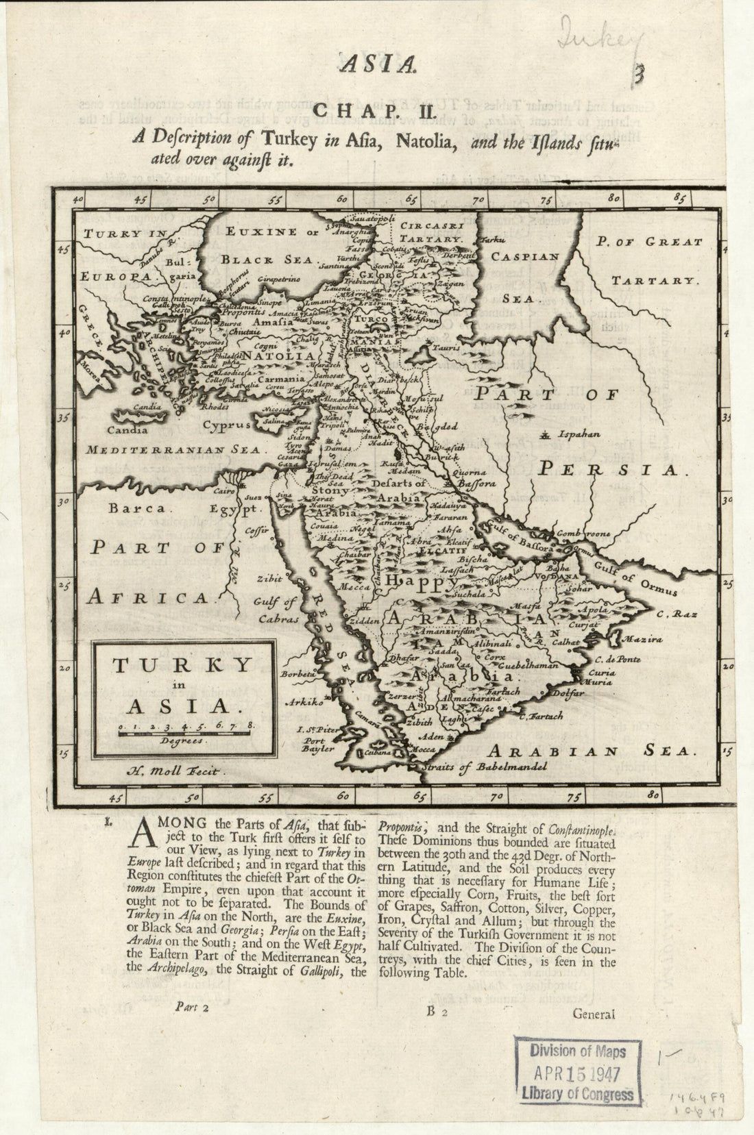 This old map of Turky In Asia (Description of Turkey In Asia, Natolia, and the Islands Situated Over Against It, Asia. Chap. II) from 1783 was created by Herman Moll in 1783