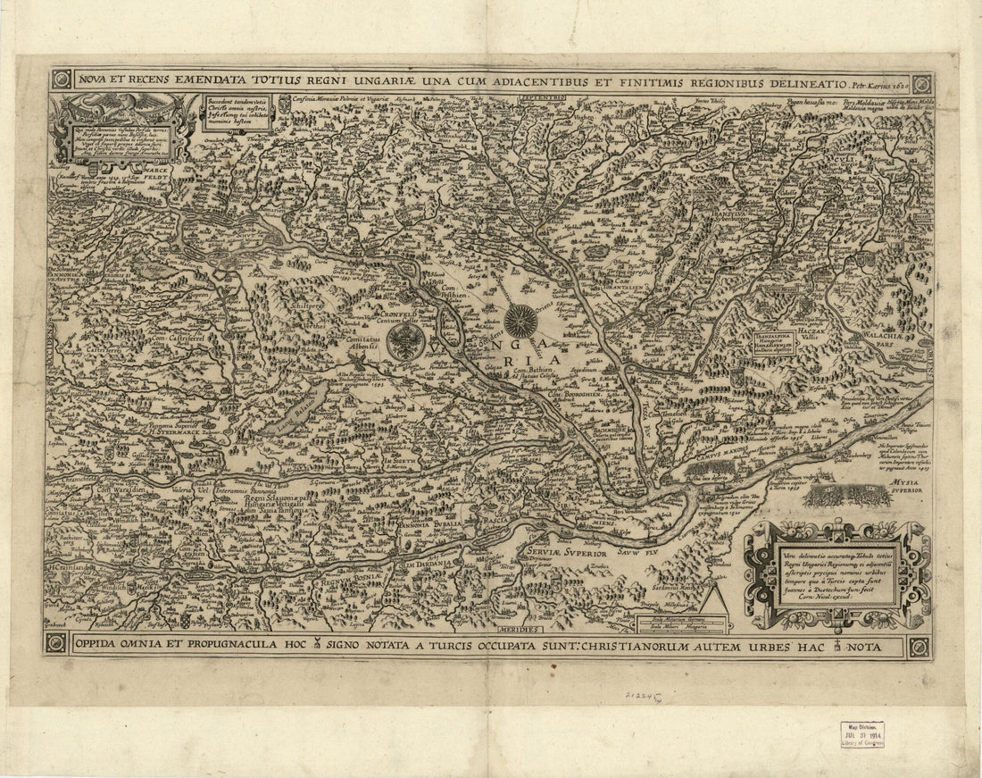 This old map of Nova Et Recens Emendata Totius Regni Ungariæ Una Cum Adiacentibus Et Finitimis Regionibus Delineatio from 1620 was created by Cornelis Claesz, Jan Van Doetecam, Pieter Van Den Keere in 1620