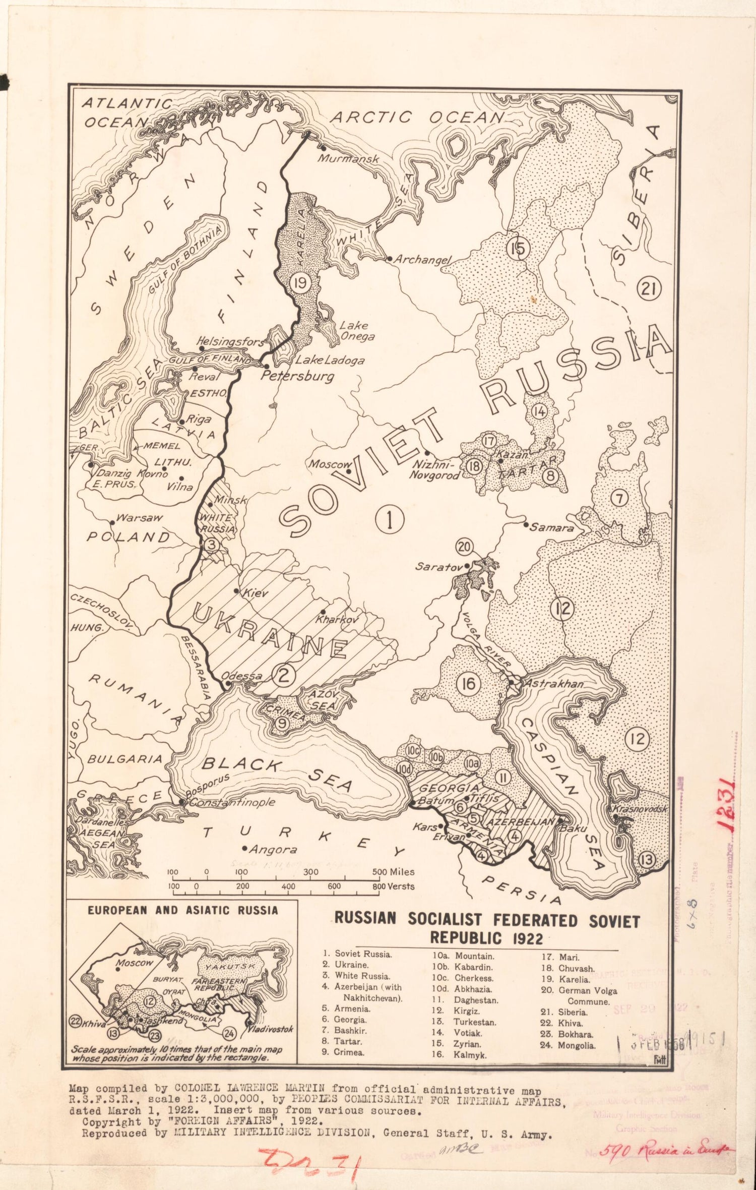 This old map of Russian Socialist Federated Soviet Republic from 1922 was created by Lawrence Martin,  United States. Department of the Army. General Staff. Military Intelligence Division in 1922