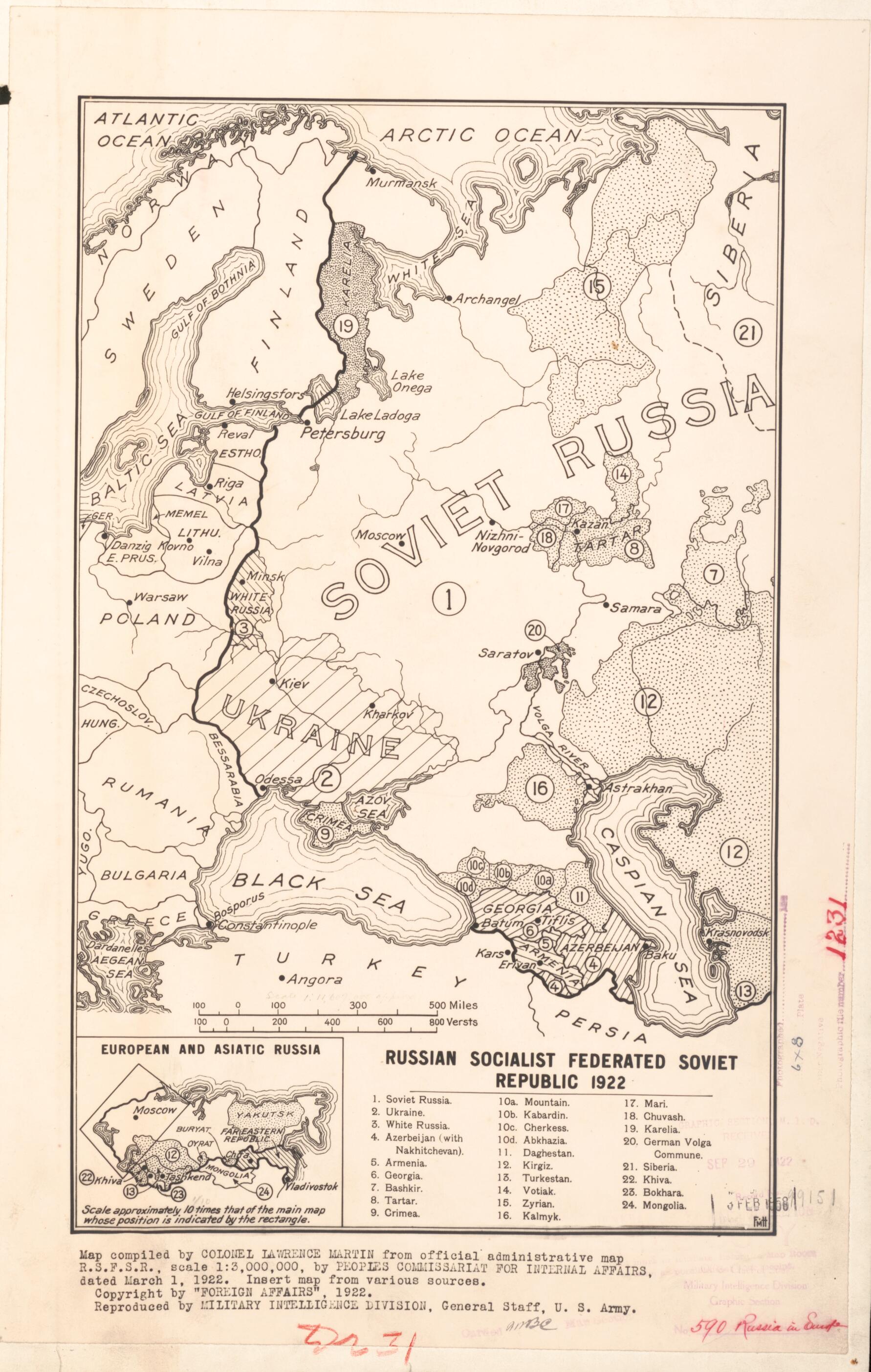 This old map of Russian Socialist Federated Soviet Republic from 1922 was created by Lawrence Martin,  United States. Department of the Army. General Staff. Military Intelligence Division in 1922