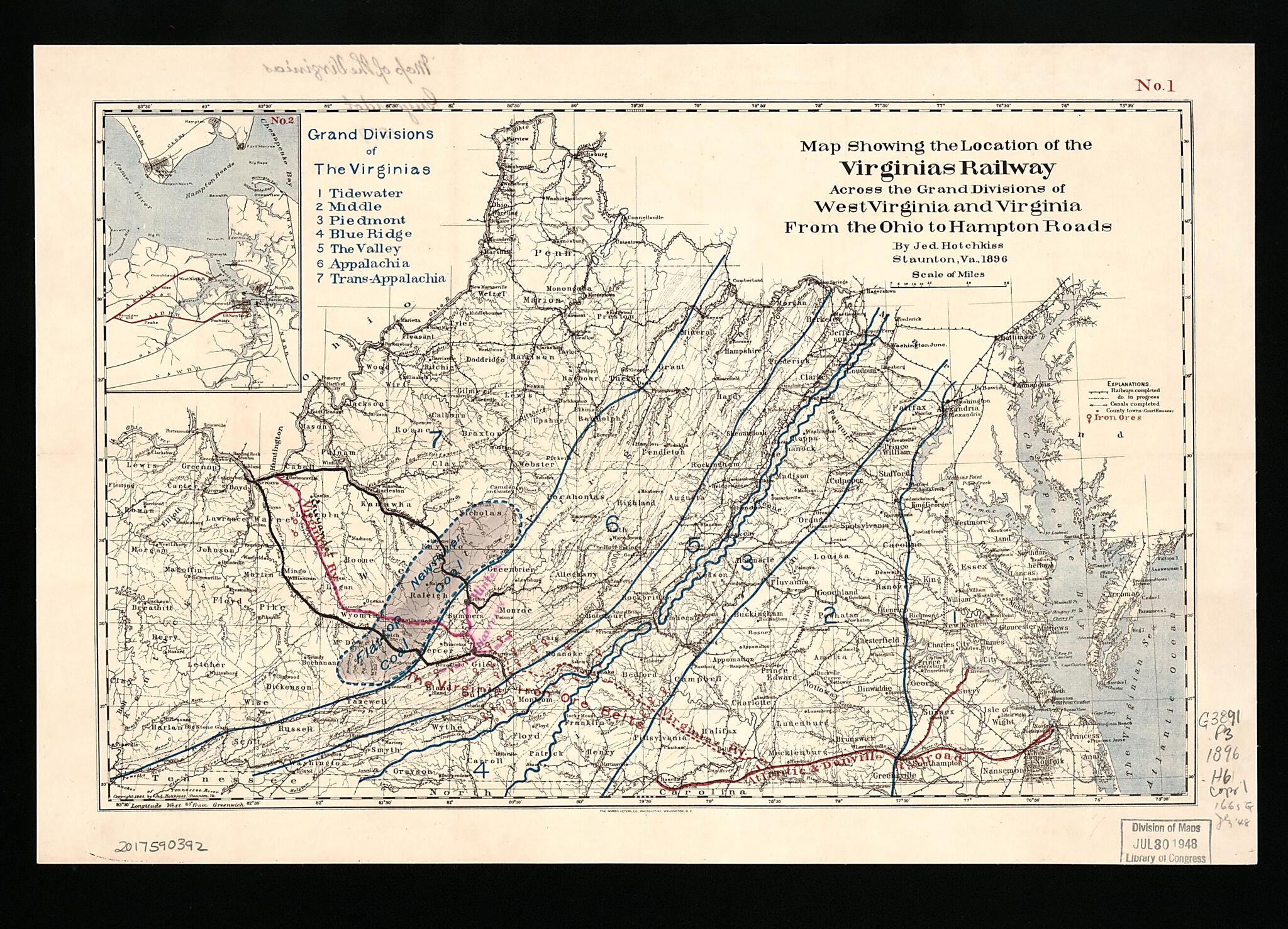 This old map of Map Showing the Location of the Virginias Railway Across the Grand Divisions of West Virginia and Virginia from the Ohio to Hampton Roads (Virginias Railway Across the Grand Divisions of West Virginia and Virginia from the Ohio to Hampton