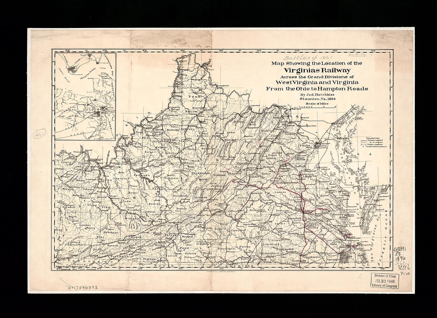 This old map of Map Showing the Location of the Virginias Railway Across the Grand Divisions of West Virginia and Virginia from the Ohio to Hampton Roads (Virginias Railway Across the Grand Divisions of West Virginia and Virginia from the Ohio to Hampton