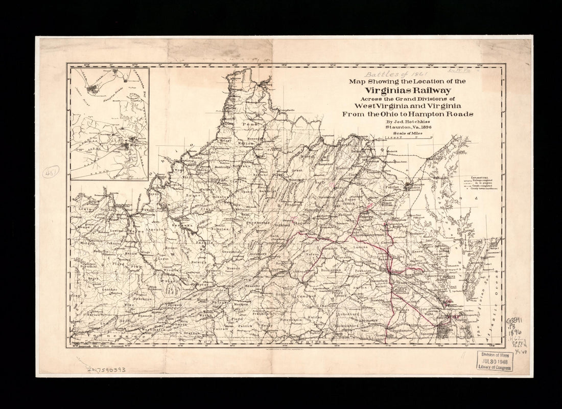 This old map of Map Showing the Location of the Virginias Railway Across the Grand Divisions of West Virginia and Virginia from the Ohio to Hampton Roads (Virginias Railway Across the Grand Divisions of West Virginia and Virginia from the Ohio to Hampton Roads) from 1896 was created by Jedediah Hotchkiss,  Norris Peters Co in 1896