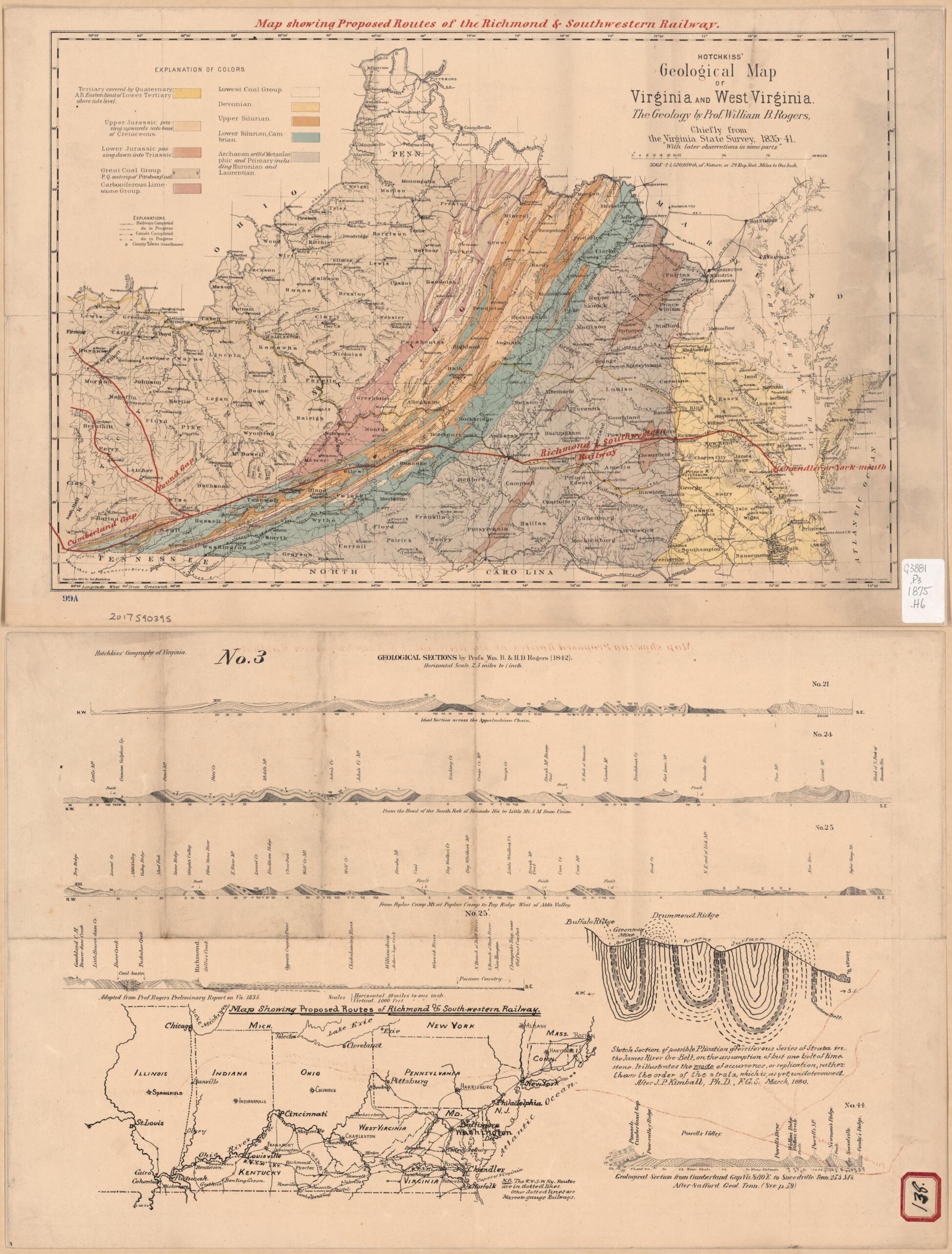 Map Showing Proposed Routes of the Richmond and Southwest Railway 1875 by Relic Map Company