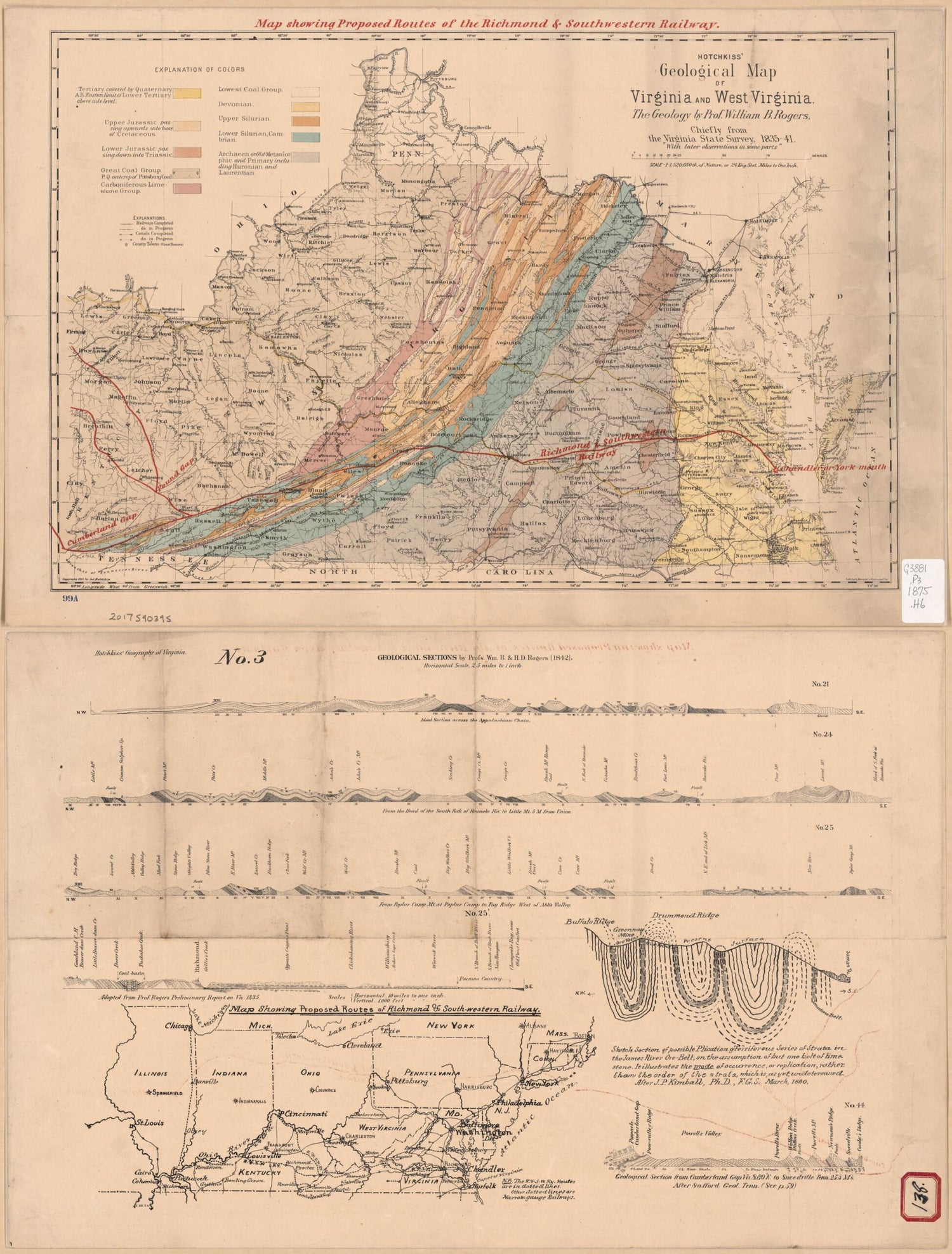 This old map of Map Showing Proposed Routes of the Richmond and Southwest Railway from 1875 was created by Jedediah Hotchkiss in 1875