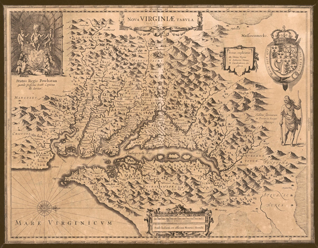 This old map of Nova Virginiae Tabvla (Nova Virginiae Tabula) from 1642 was created by Hendrik Hondius in 1642
