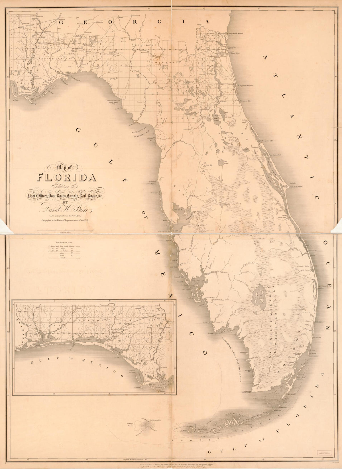 Map of Florida : Exhibiting the Post Offices, Post Roads, Canals, Rail Roads, &amp;c in 1841 by Relic Map Company