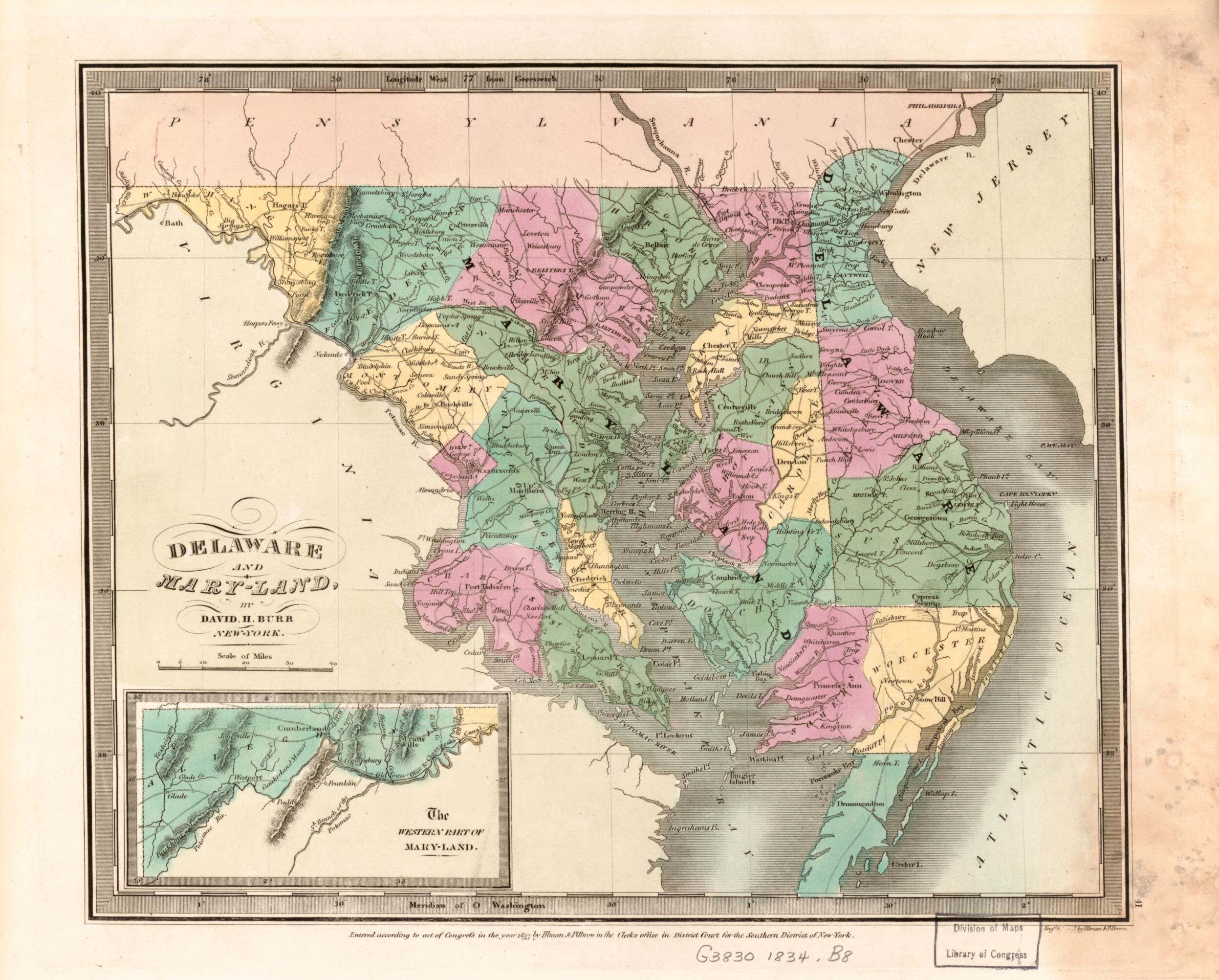 This old map of Delaware and Maryland from 1835 was created by David H. Burr,  Illman &amp; Pilbrow in 1835