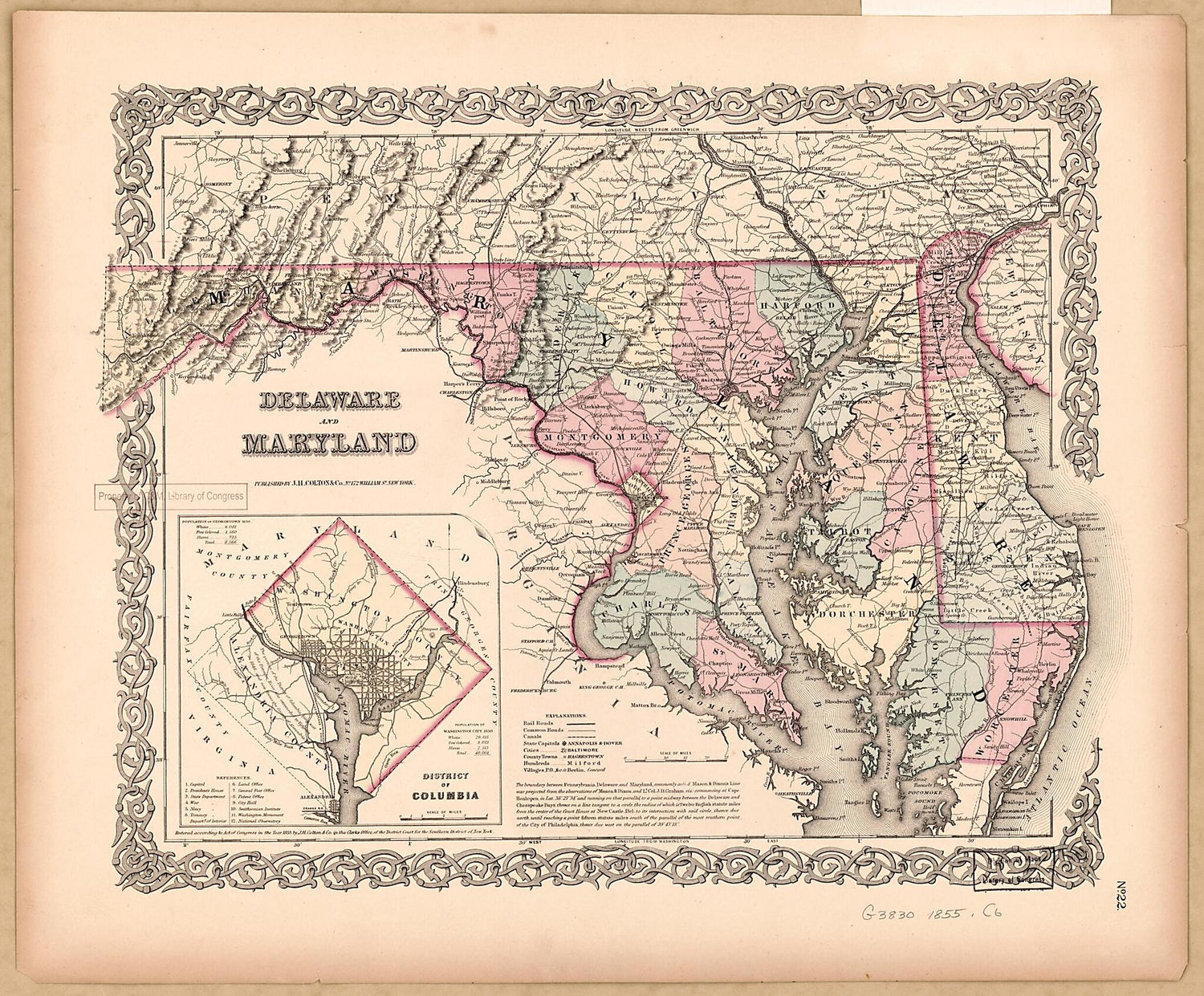 This old map of Delaware and Maryland from 1855 was created by  J.H. Colton &amp; Co in 1855
